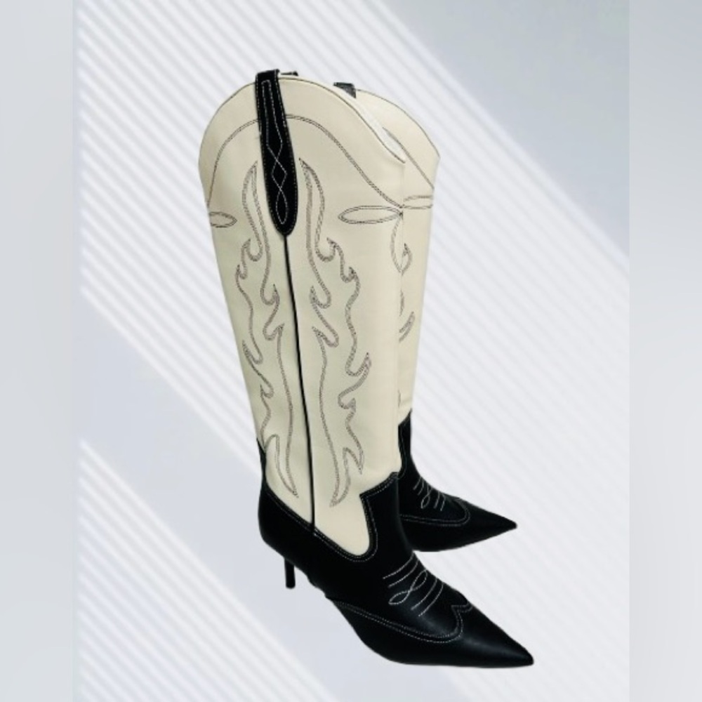 INC International Concepts Women’s Hayleigh Mid-Heel Cowboy Boots Black/Bone 10M